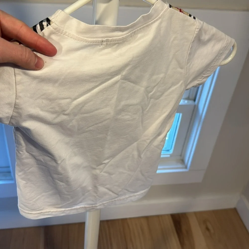 Burberry Kids White T-Shirt with Plaid Accents, Size Small (1-2yo)
